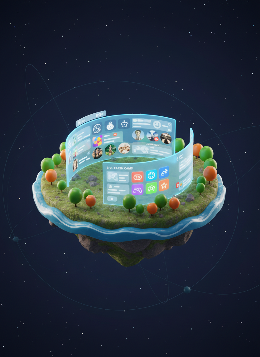 A whimsical 3D-model scene of a floating “Earth social hub” island shaped like a circular platform, its edges wrapped with a miniature coastline and tiny stylized trees. On the island’s surface sits a translucent, curved screen wall displaying abstract social feeds, live Earth camera thumbnails, and colorful game tiles, all represented as simple, icon-like rectangles and symbols. The background is a deep cosmic gradient with faint stars and soft, glowing orbits. Gentle, diffused key lighting from above creates soft highlights on the island’s textures and subtle shadows beneath floating UI elements. Captured from a three-quarter bird’s-eye view, the composition uses the rule of thirds to balance the island and the surrounding space. The mood is playful, exploratory, and inviting, with a polished, futuristic 3D illustration style.