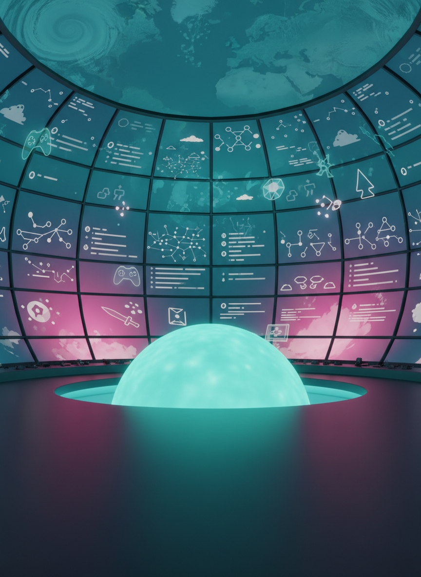 A playful 3D-model of a control room shaped like the inside of a hollow Earth, with the curved interior walls displaying massive, curved panels of live earth feeds, abstract social timelines, and floating game icons. The “floor” is a glowing core sphere radiating soft turquoise light that illuminates the curved walls, casting gentle gradients and soft, long shadows. Each panel uses minimalistic symbols and icons instead of text, emphasizing connection and fun. The camera sits at a low angle pointing toward the core, emphasizing the scale of the interior Earth shell wrapping around. The atmosphere feels immersive, futuristic, and adventurous, with a vibrant color palette of turquoise, magenta, and deep blues. The 3D style is polished, glossy, and slightly cartoonish, matching a playful tech brand.