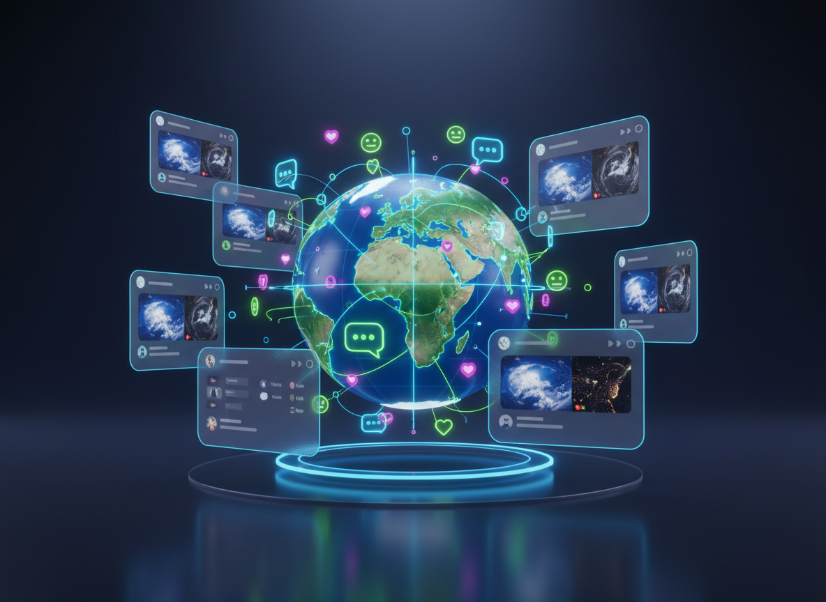 A stylized 3D-model of a small, lush blue-and-green planet floating at the center of a sleek, holographic social dashboard. The planet’s continents glow with tiny, illuminated connection lines, forming playful patterns that resemble chat bubbles and game icons. Surrounding the planet are semi-transparent floating panels showing abstract posts, likes, and live earth camera thumbnails, all rendered in smooth, rounded UI shapes. Cool neon blues, greens, and purples dominate the color palette. Soft studio lighting creates glossy highlights on the planet’s surface and UI elements, with subtle reflections on a dark, glassy background. The mood is energetic and welcoming, captured from a slightly elevated angle with a wide lens, sharp focus, and a vibrant, futuristic 3D illustration style that feels playful and tech-forward.