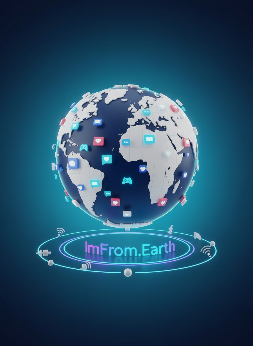 A cheerful 3D-model globe with exaggerated, cartoon-like continents, each region built from tiny floating tiles shaped like chat bubbles, hearts, and game controllers. The globe hovers above a circular, holographic platform labeled “ImFrom.Earth” in sleek, glowing typography. Around it, minimalistic 3D icons of satellites and signal waves orbit in smooth, looping paths. The environment is a softly lit, gradient background shifting from deep navy at the edges to electric teal at the center. Subtle rim lighting outlines the globe and icons, casting faint, soft-edged shadows onto the platform. The composition is centered and symmetrical, with a friendly, playful atmosphere. The 3D style is clean and polished, emphasizing smooth curves, bright accents, and a modern social-tech aesthetic suitable for a homepage hero image.