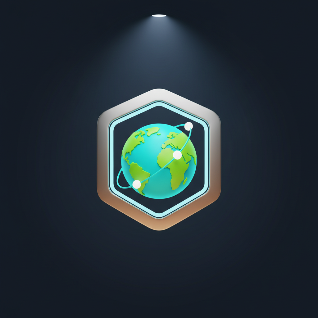 A compact 3D-model badge logo featuring a simplified Earth icon enclosed within a rounded hexagon shield. The Earth is rendered in bright cyan oceans and lime-green continents, with three small orbiting nodes connected by curved lines to suggest a global social network. The shield has a subtle metallic gradient with soft inner glow, sitting on a matte, deep-navy background. A single overhead spotlight creates a clean highlight along the top edge and a soft vignette around the badge. The mood is confident yet friendly, ideal for an app icon or favicon. The composition is centered and tightly framed with sharp focus, emphasizing geometric precision and smooth, tactile surfaces in a modern, minimal 3D style.